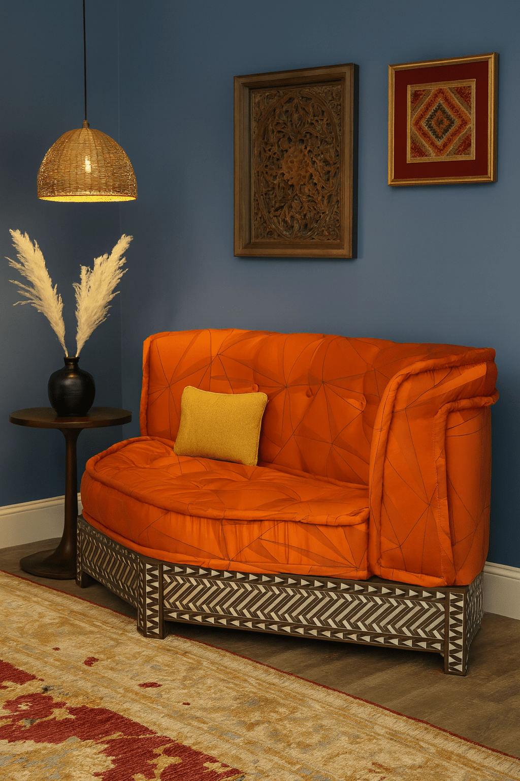 Damascus Majlis Corner Sofa with Mother of Pearl Base - Orange - SHAGHAF HOME