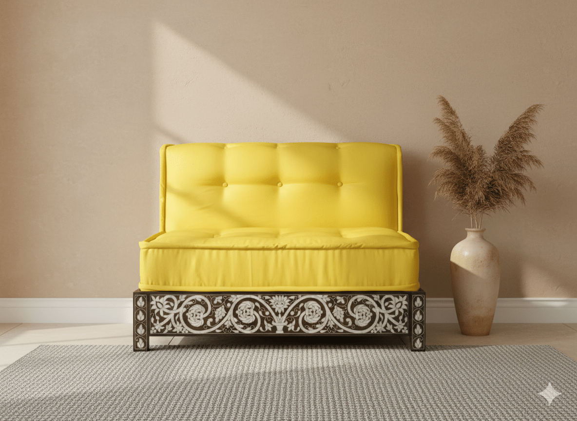 Damascus Majlis Side Sofa with Mother of Pearl Base - Yellow - SHAGHAF HOME
