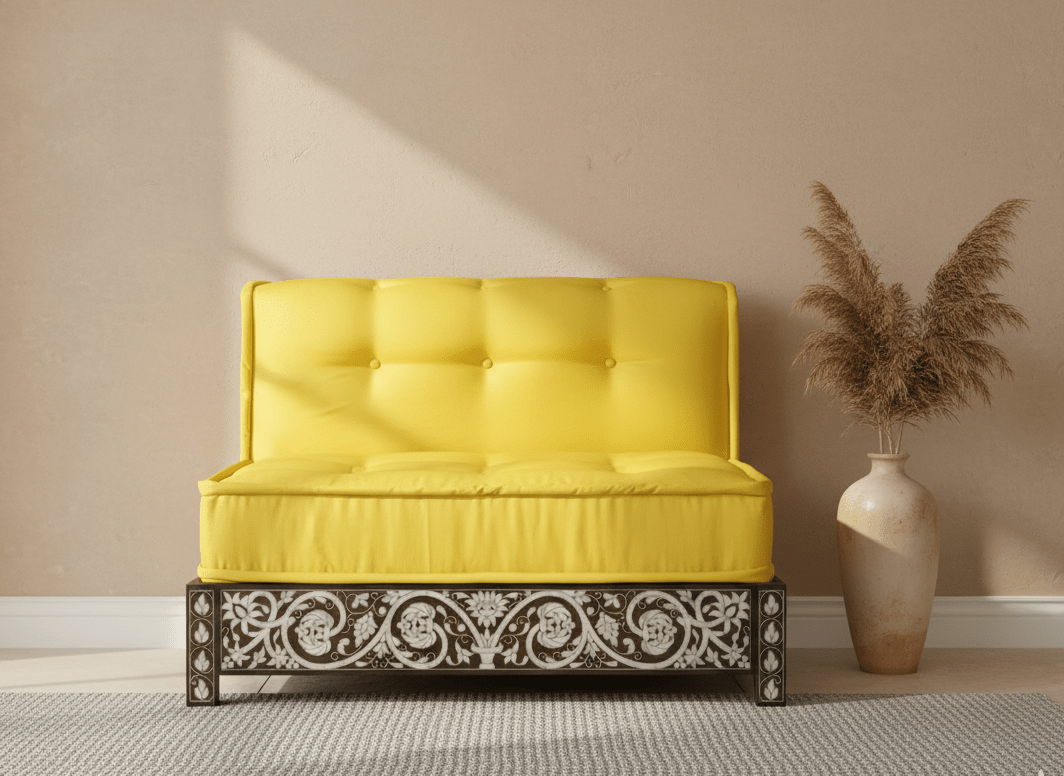 Damascus Majlis Side Sofa with Mother of Pearl Base - Yellow - SHAGHAF HOME