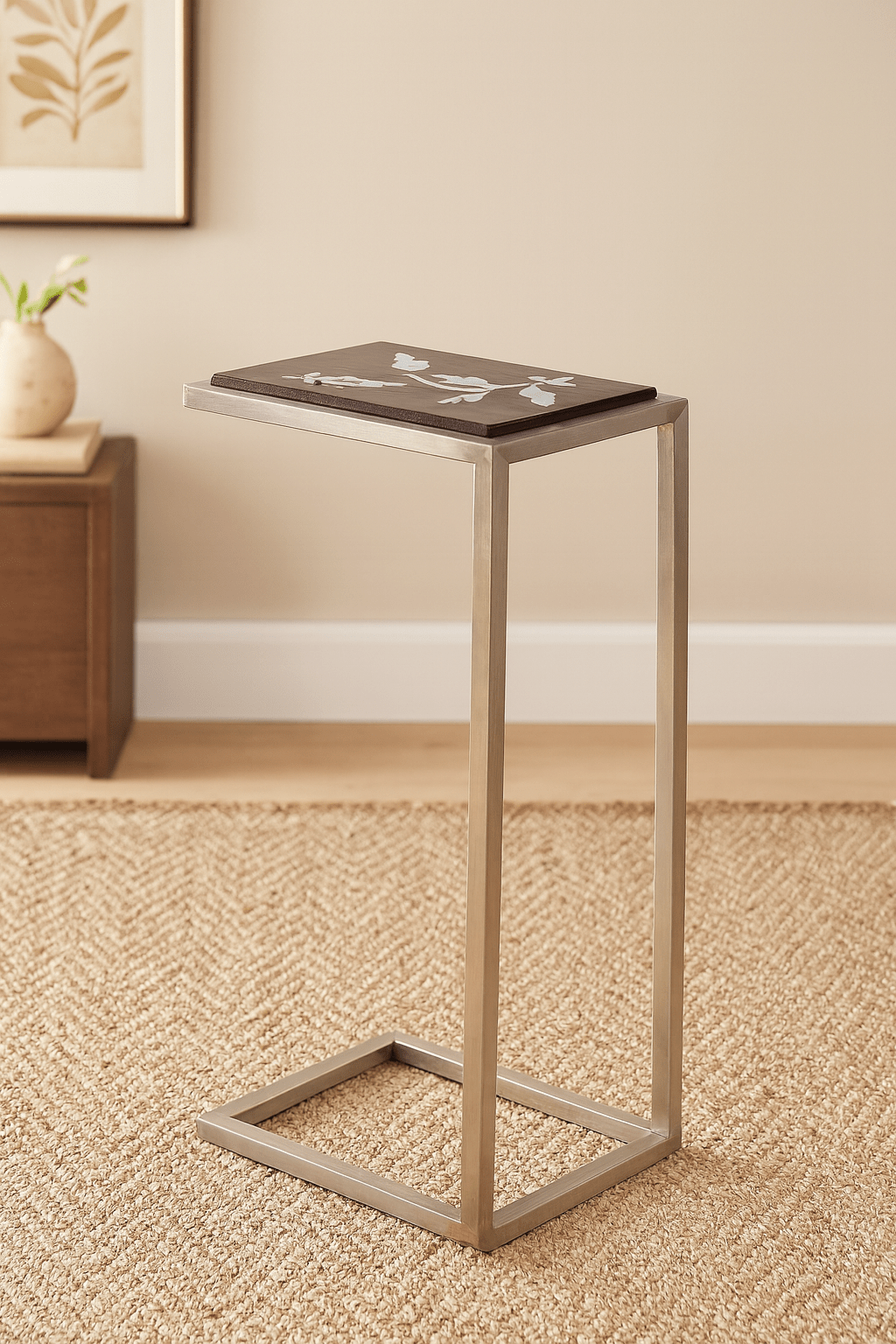 Damascus Mother of Pearl Side Table with Steel Base - Dark Walnut - SHAGHAF HOME