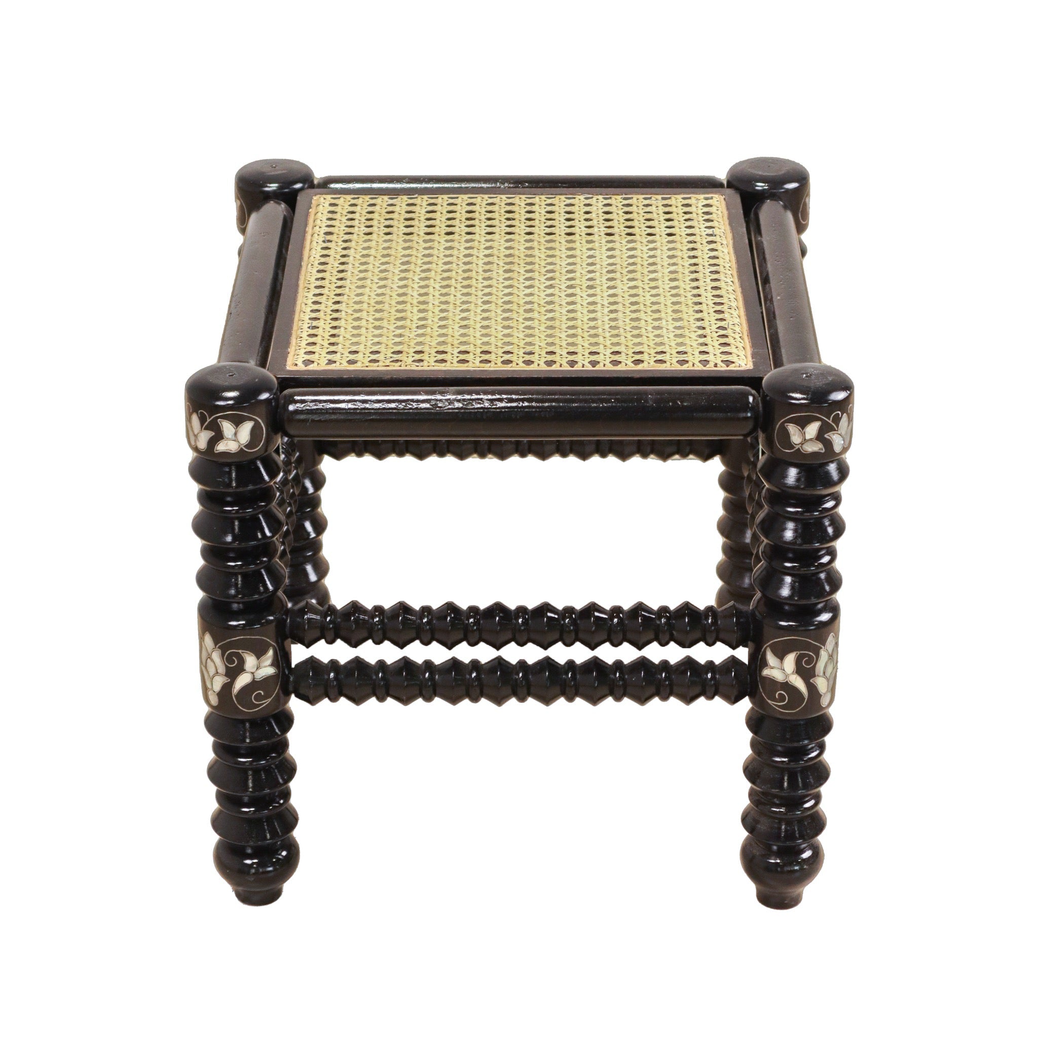 Damascus Small Bamboo Stool with Mother of Pearl Inlay - Dark Walnut - SHAGHAF HOME