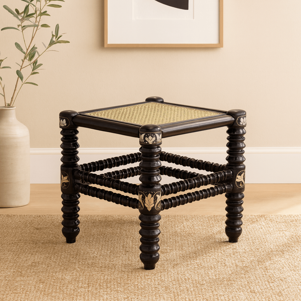 Damascus Small Bamboo Stool with Mother of Pearl Inlay - Dark Walnut - SHAGHAF HOME