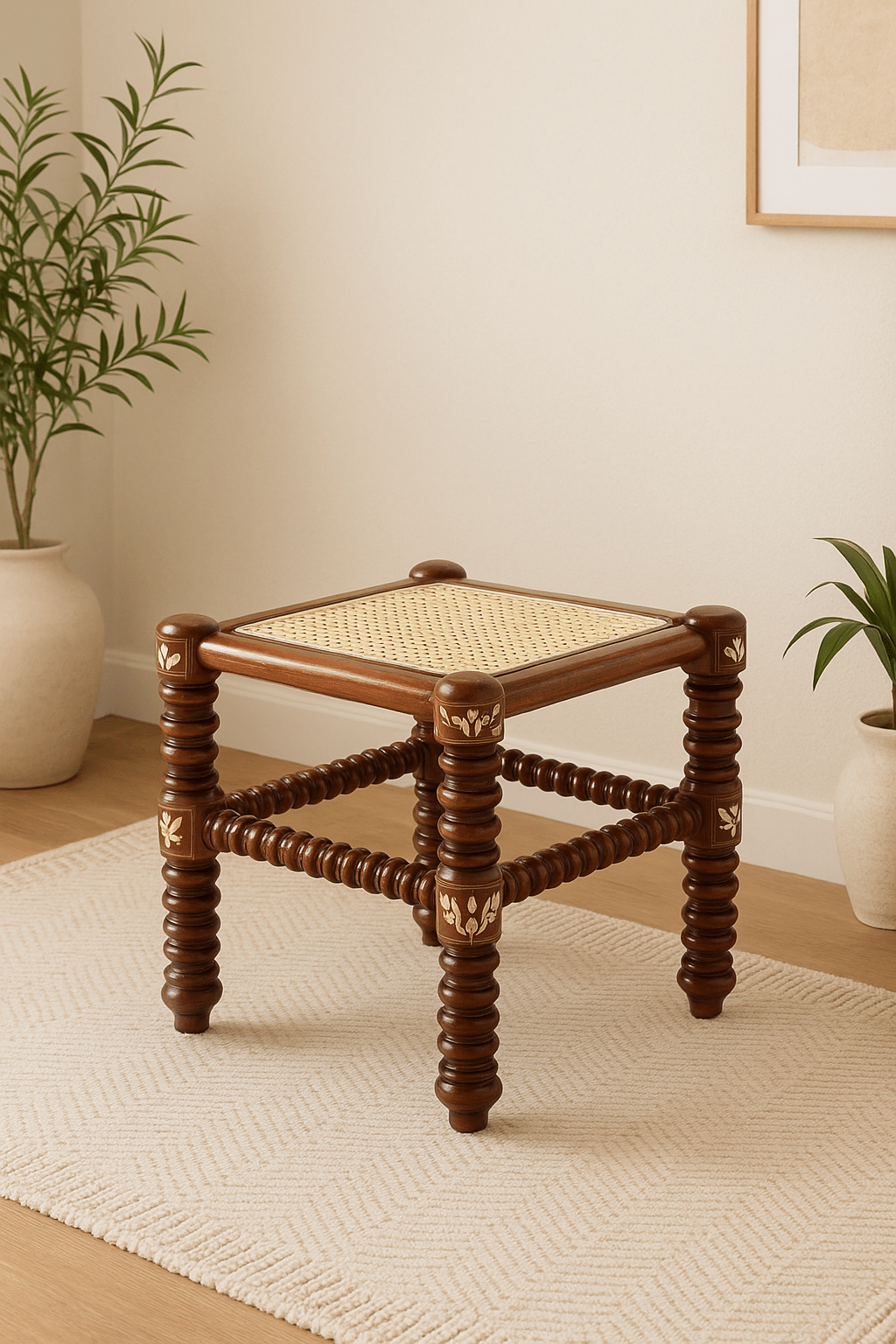 Damascus Small Bamboo Stool with Mother of Pearl Inlay - Walnut - SHAGHAF HOME