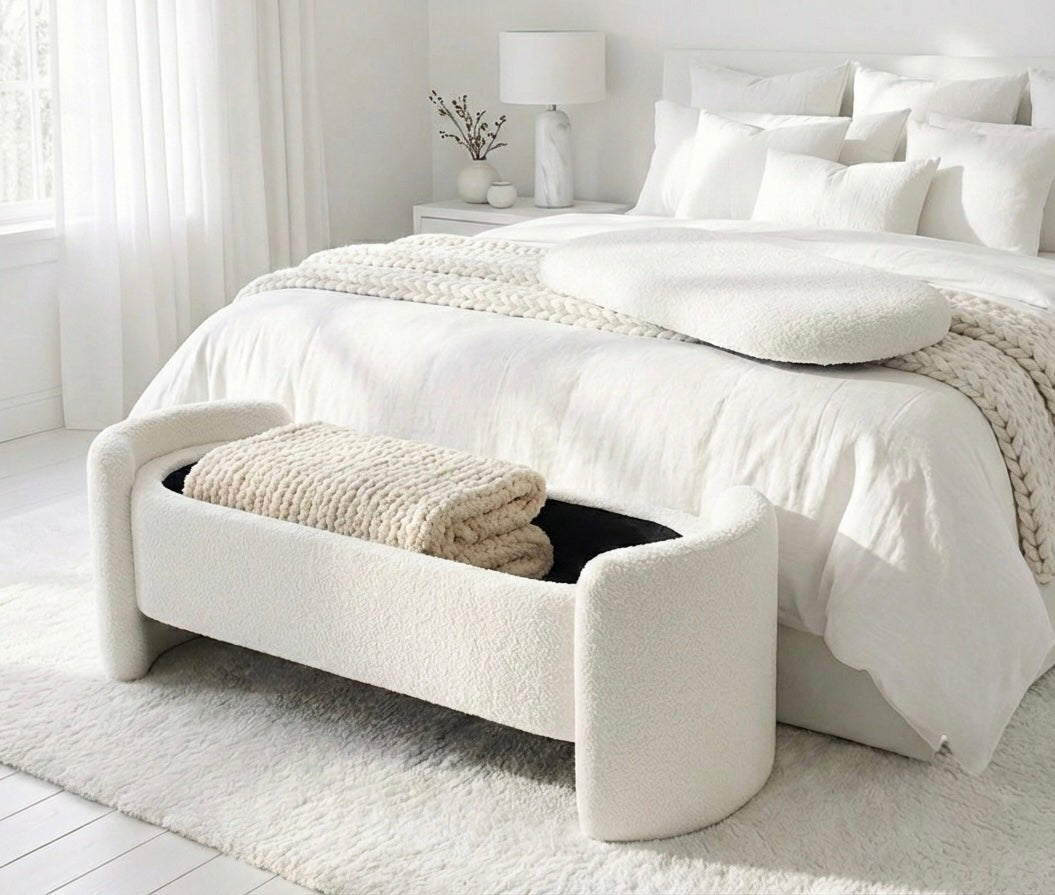 Élan Bouclé Storage Bench – Modern Ottoman with Hidden Compartment - SHAGHAF HOME