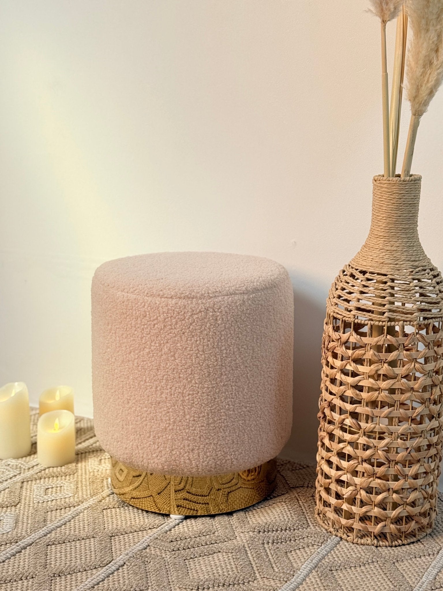 Elegant Bouclé Ottoman with Gold Metal Base – Light Beige - SHAGHAF HOME
