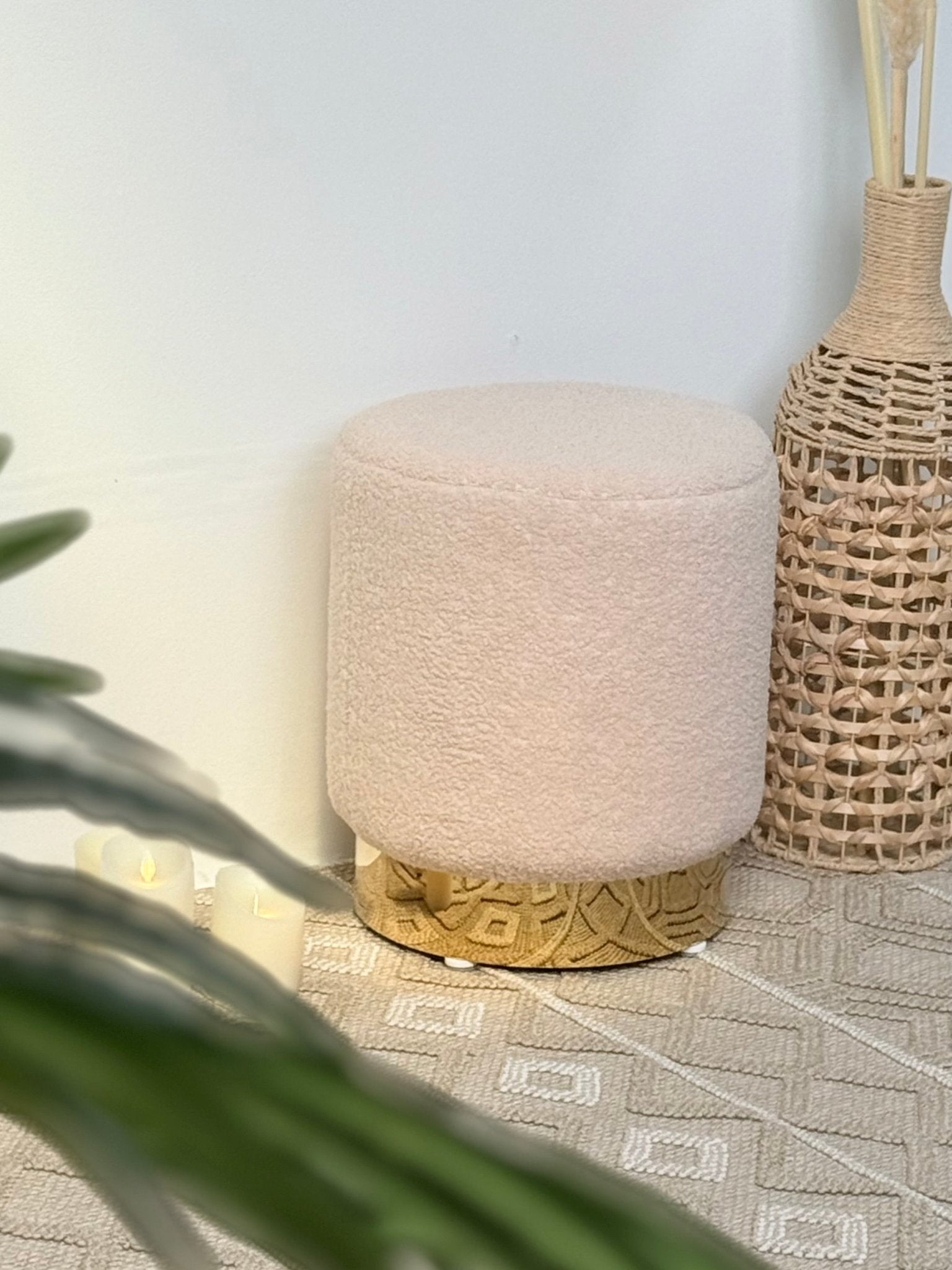 Elegant Bouclé Ottoman with Gold Metal Base – Light Beige - SHAGHAF HOME