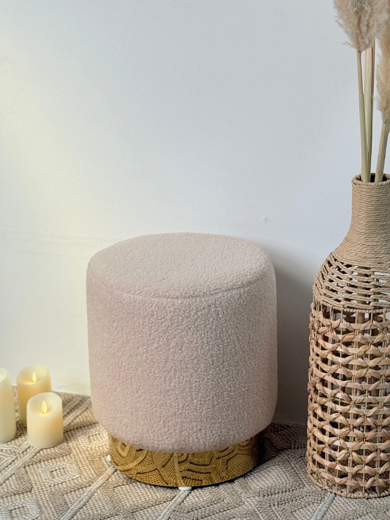 Elegant Bouclé Ottoman with Gold Metal Base – Light Beige - SHAGHAF HOME