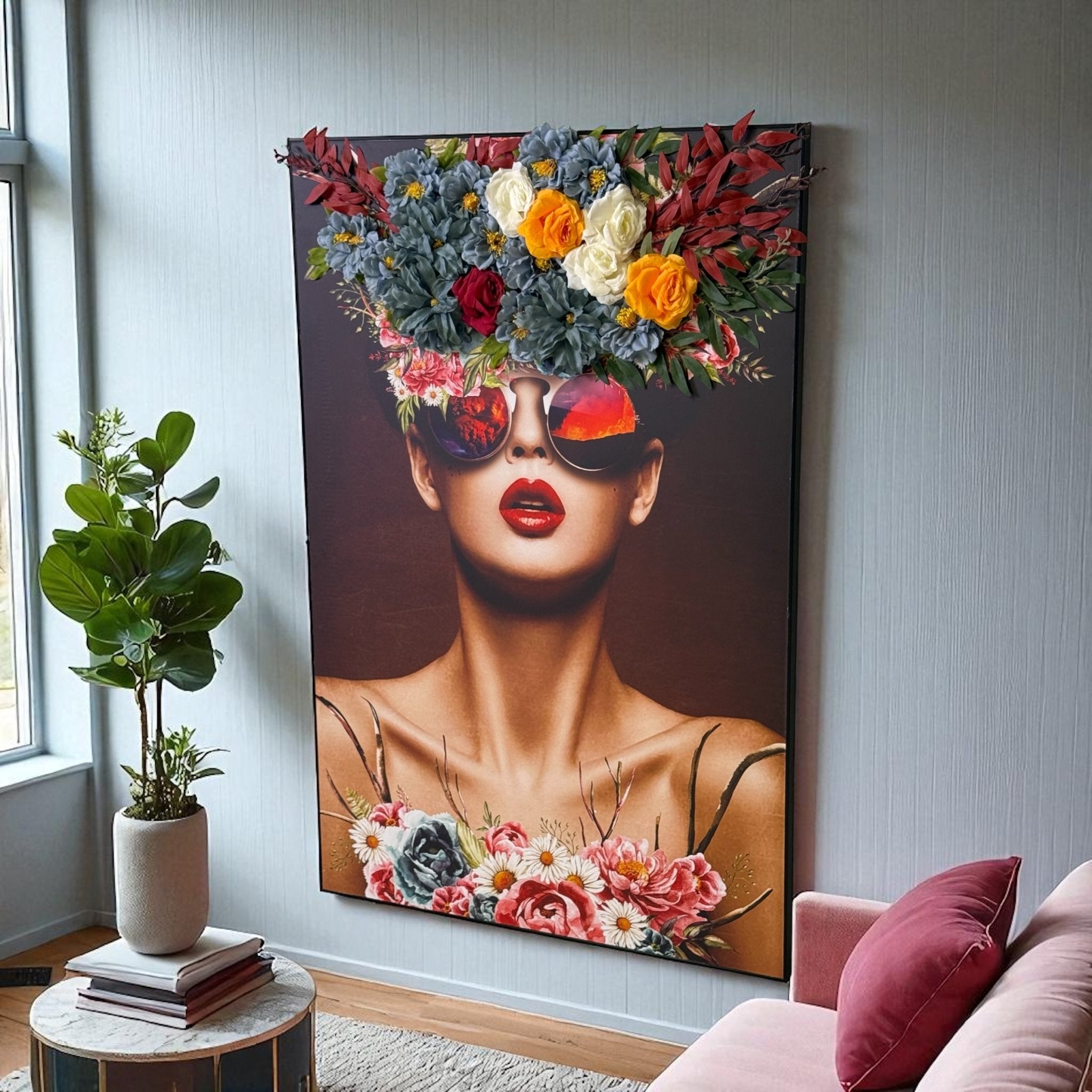 Floral Elegance Woman Wall Art with 3D Artificial Flowers - SHAGHAF HOME