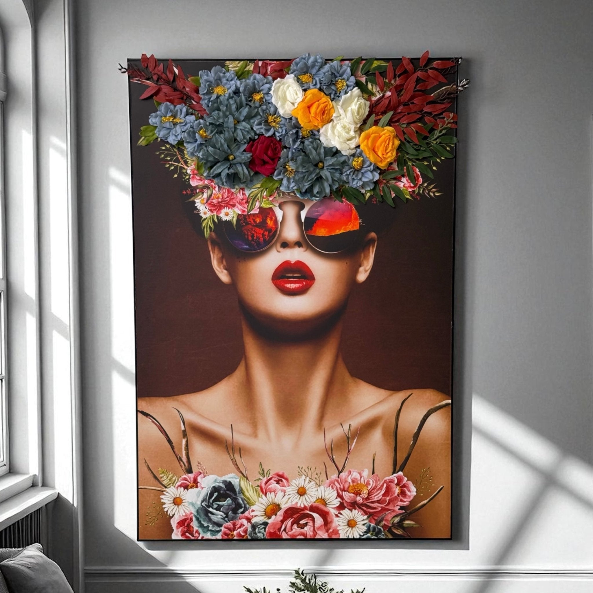 Floral Elegance Woman Wall Art with 3D Artificial Flowers - SHAGHAF HOME