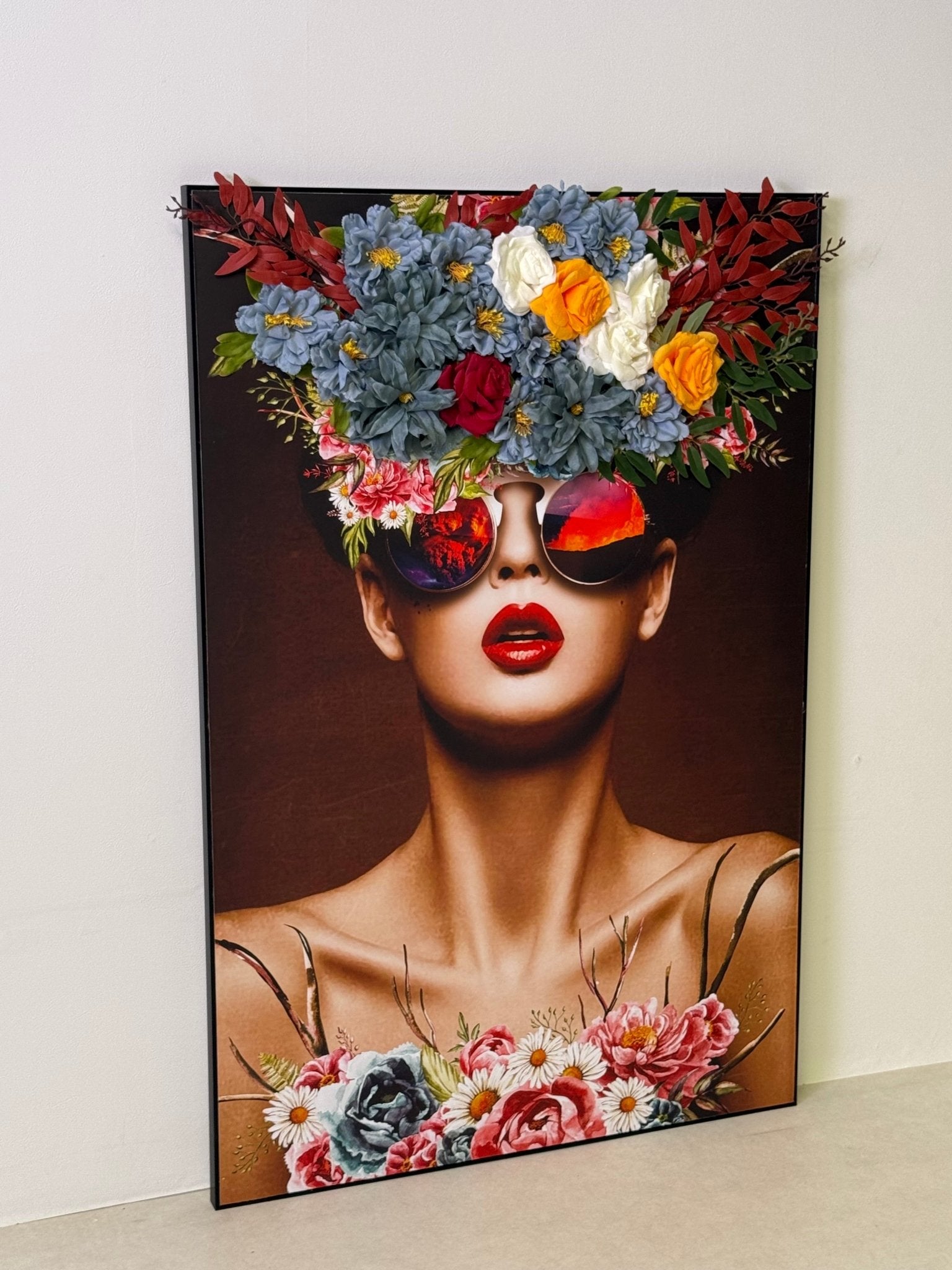 Floral Elegance Woman Wall Art with 3D Artificial Flowers - SHAGHAF HOME