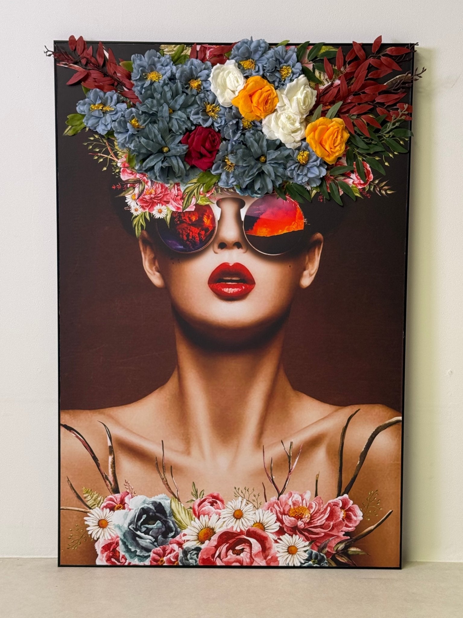Floral Elegance Woman Wall Art with 3D Artificial Flowers - SHAGHAF HOME