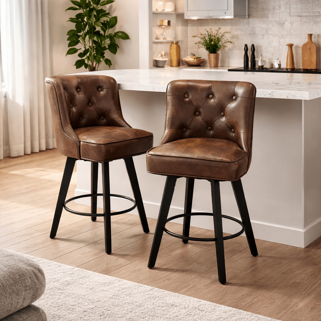 Heritage Luxe Swivel Leather Barstool – Tufted Backrest with Black Metal Base - SHAGHAF HOME