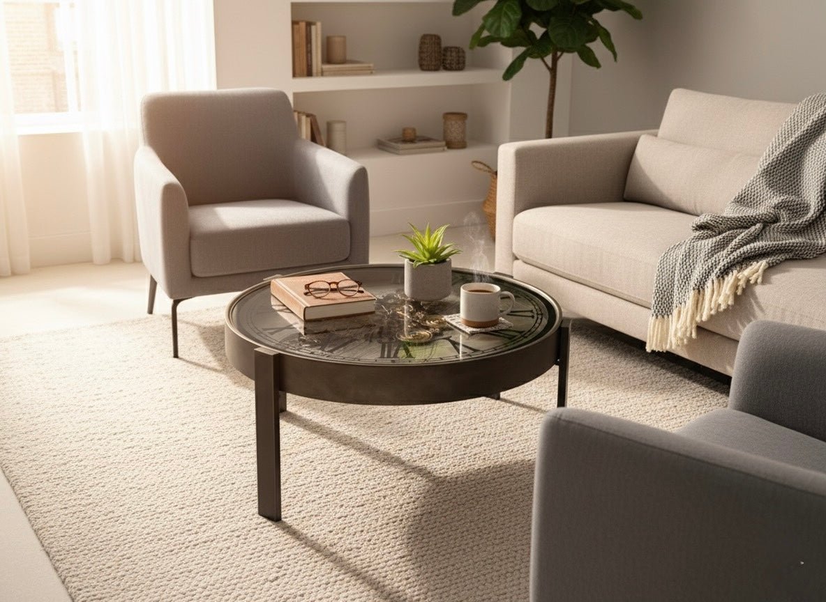 Industrial Metal Coffee Table with Functional Clock Top – 80 cm - SHAGHAF HOME