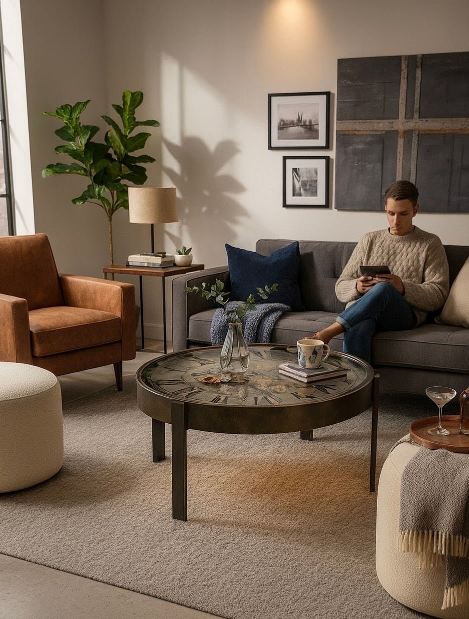 Industrial Metal Coffee Table with Functional Clock Top – 80 cm - SHAGHAF HOME