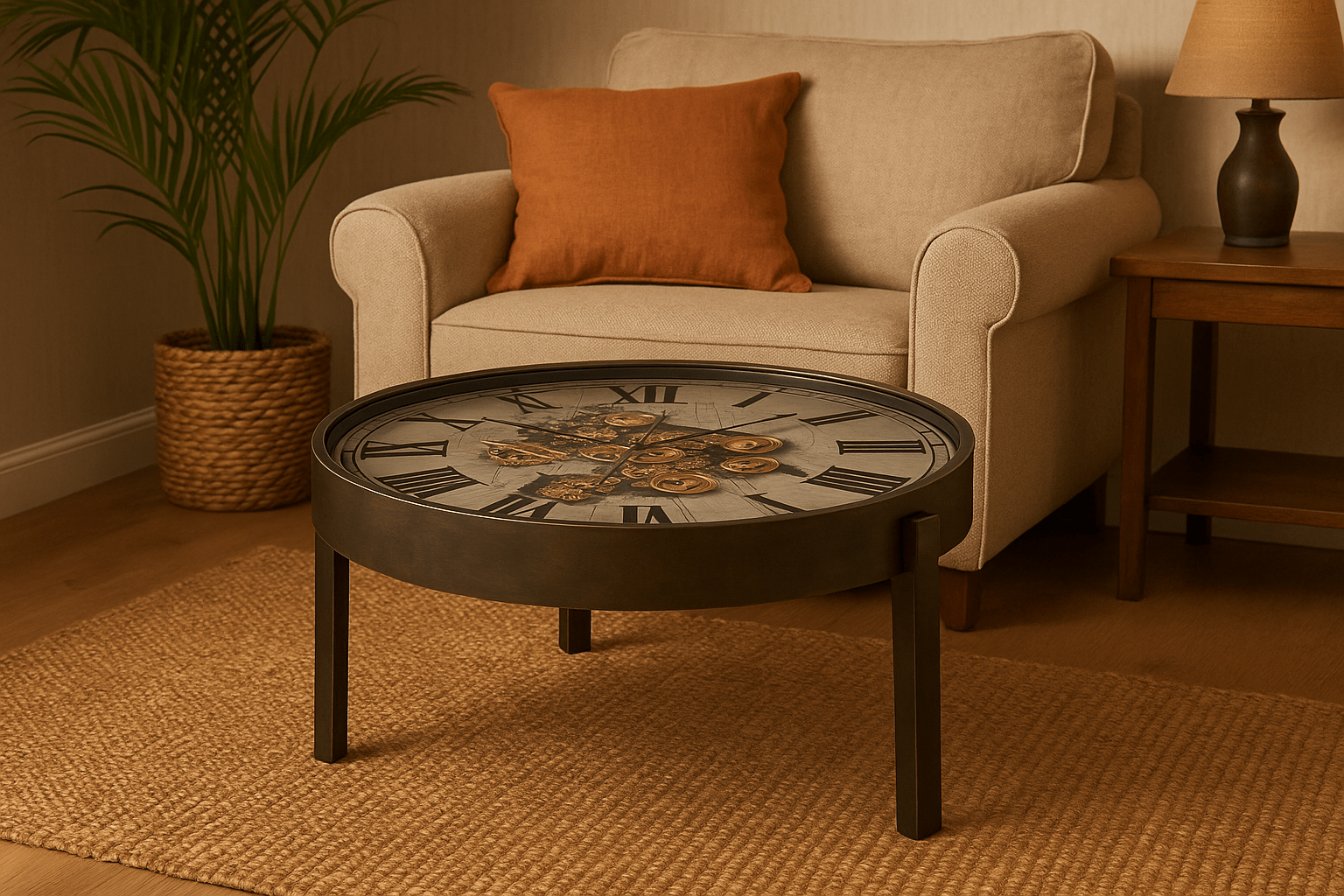 Industrial Metal Coffee Table with Functional Clock Top – 80 cm - SHAGHAF HOME