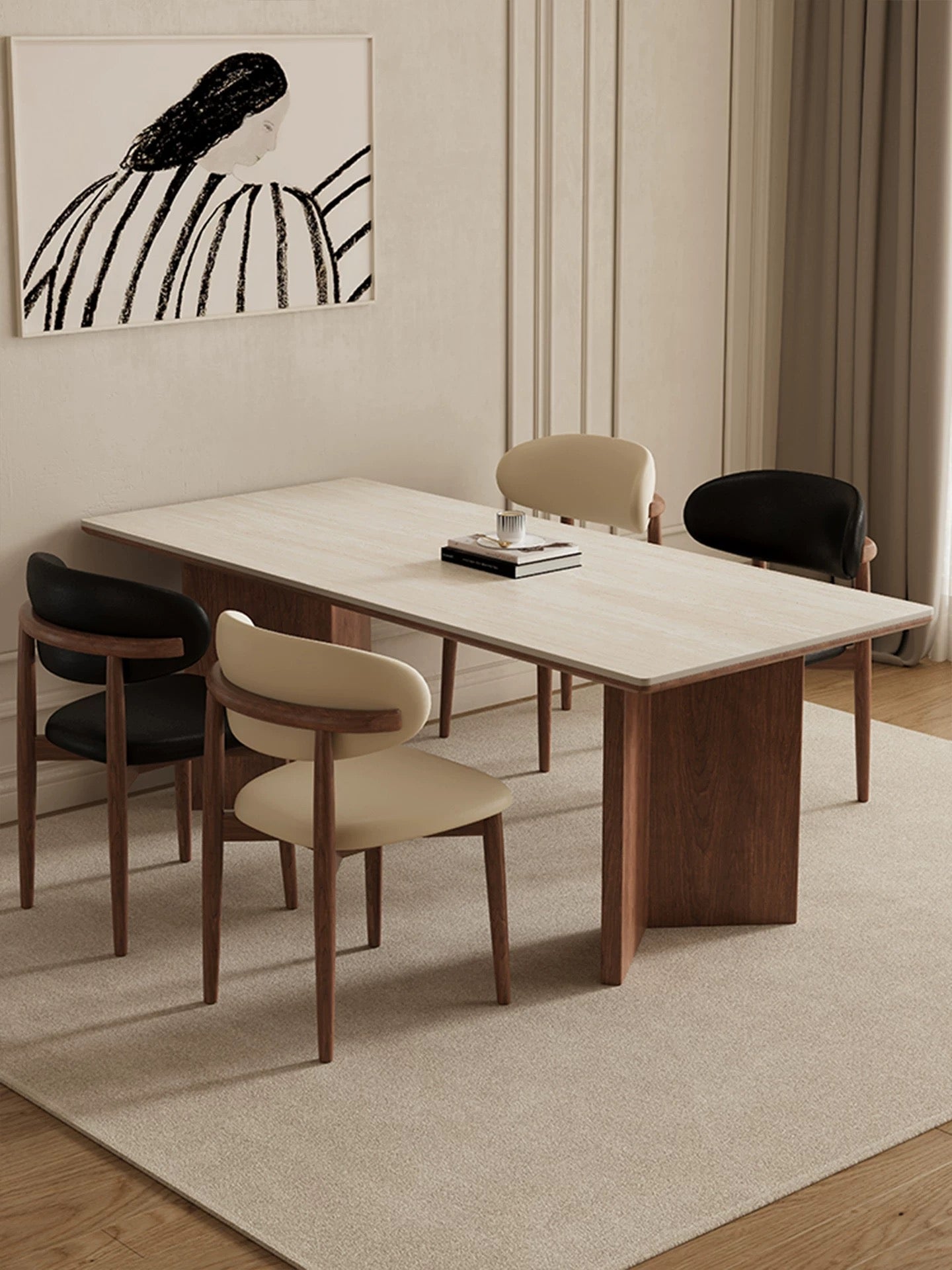 Japandi Style Dining Table in Natural Wood & Ceramic Finish - SHAGHAF HOME
