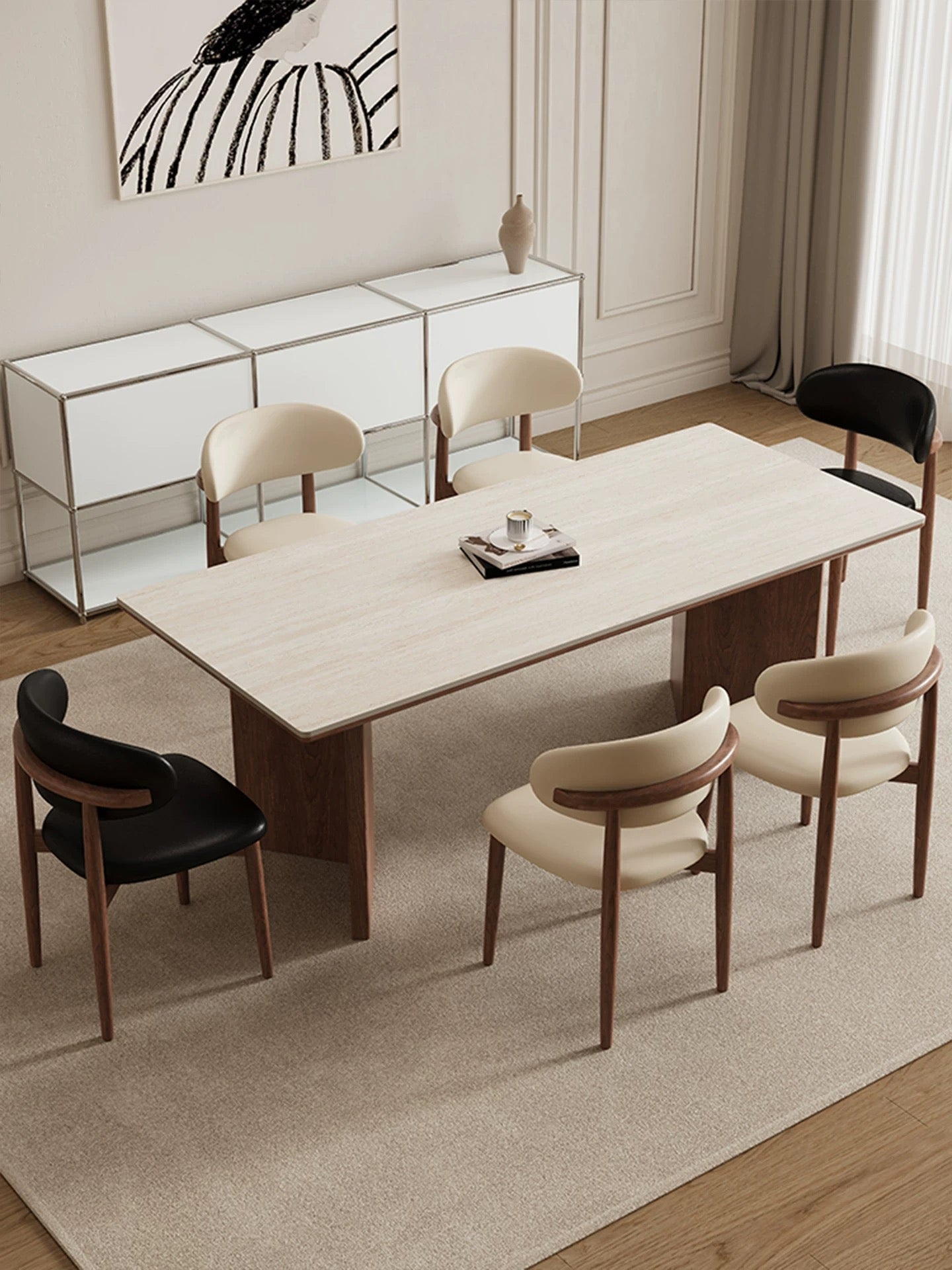 Japandi Style Dining Table in Natural Wood & Ceramic Finish - SHAGHAF HOME