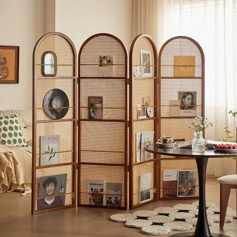 Japanese - Style 4 - Panel Rattan Room Divider with Built - in Shelving – Elegant & Functional Home Decor - SHAGHAF HOME