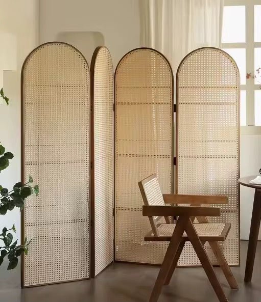 Japanese - Style 4 - Panel Rattan Room Divider with Built - in Shelving – Elegant & Functional Home Decor - SHAGHAF HOME