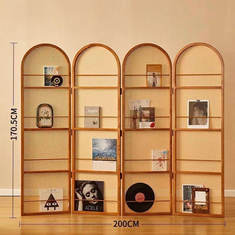 Japanese - Style 4 - Panel Rattan Room Divider with Built - in Shelving – Elegant & Functional Home Decor - SHAGHAF HOME