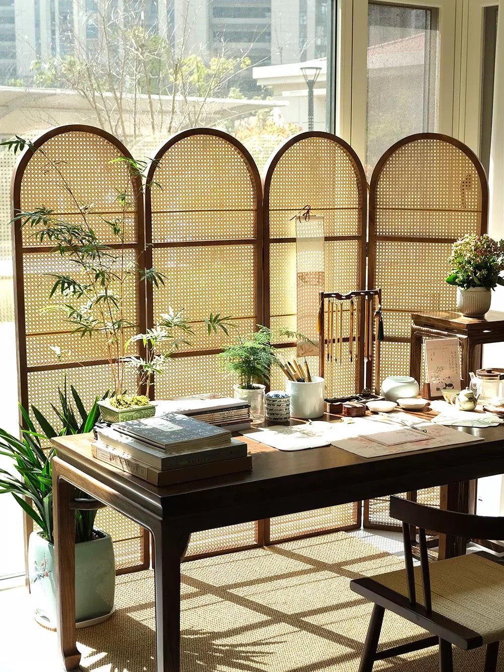 Japanese - Style 4 - Panel Rattan Room Divider with Built - in Shelving – Elegant & Functional Home Decor - SHAGHAF HOME