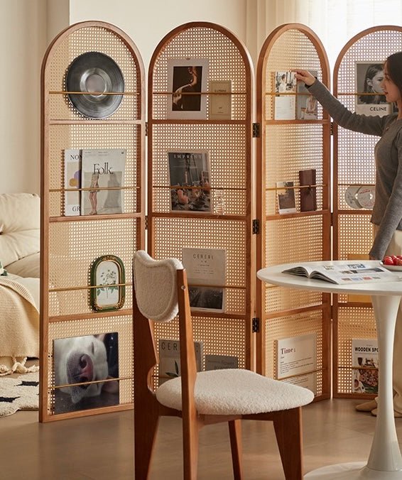 Japanese - Style 4 - Panel Rattan Room Divider with Built - in Shelving – Elegant & Functional Home Decor - SHAGHAF HOME