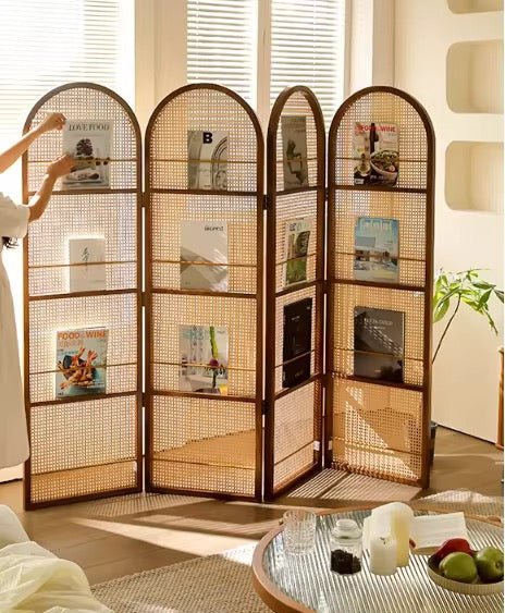 Japanese - Style 4 - Panel Rattan Room Divider with Built - in Shelving – Elegant & Functional Home Decor - SHAGHAF HOME