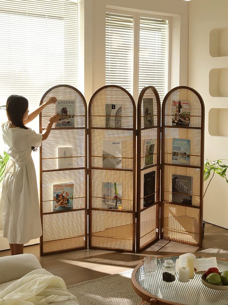 Japanese - Style 4 - Panel Rattan Room Divider with Built - in Shelving – Elegant & Functional Home Decor - SHAGHAF HOME