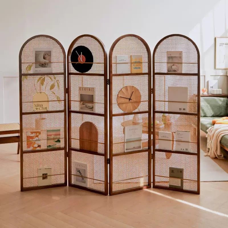 Japanese - Style 4 - Panel Rattan Room Divider with Built - in Shelving – Elegant & Functional Home Decor - SHAGHAF HOME