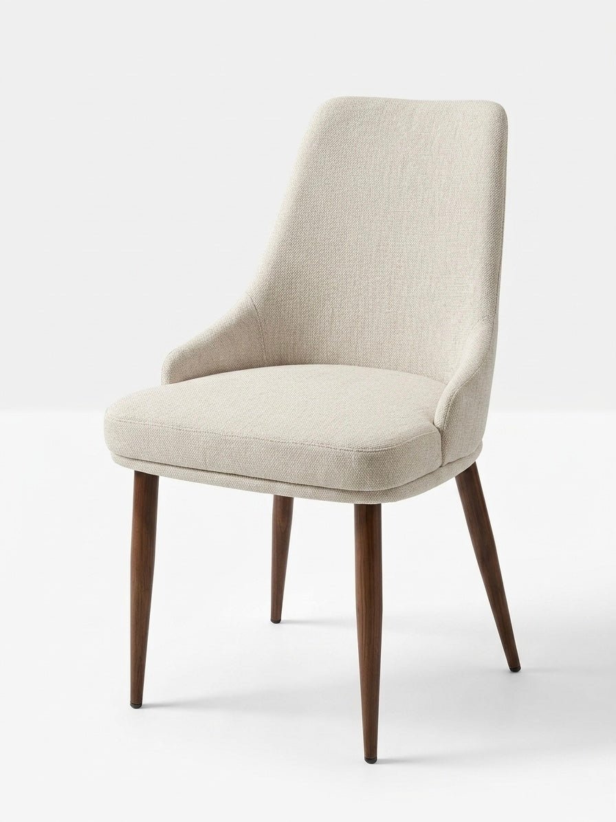 Lume Curve Upholstered Dining Chair – Beige Fabric with Wood - Finish Metal Legs - SHAGHAF HOME