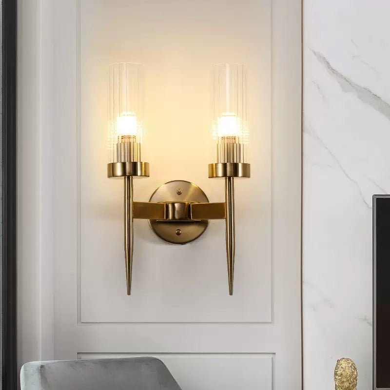 Lume Duo Gold Wall Lamp – Double Ribbed Glass Sconce in Brushed Brass - SHAGHAF HOME
