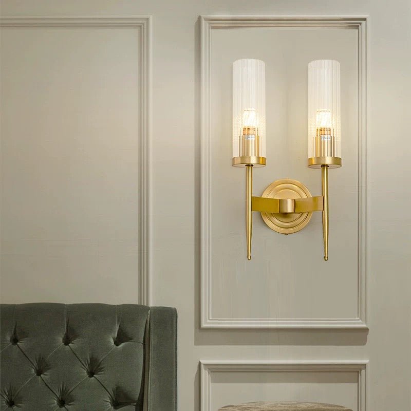 Lume Duo Gold Wall Lamp – Double Ribbed Glass Sconce in Brushed Brass - SHAGHAF HOME