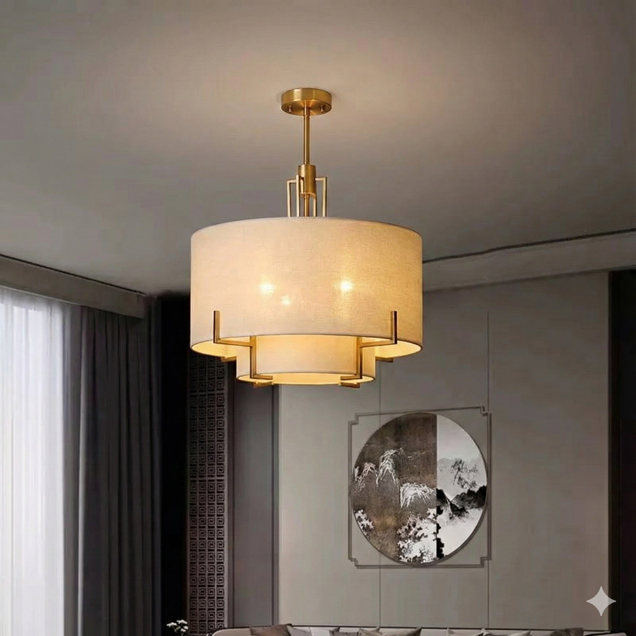 Luxury Gold - Frame Fabric Chandelier –| Modern Chinese - Inspired Ceiling Lamp - SHAGHAF HOME