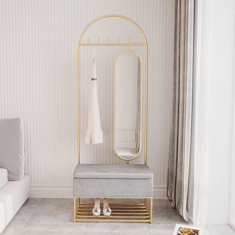 Luxury Gold Metal Hallway Organizer clothing rack with Velvet Storage Bench & Mirror - SHAGHAF HOME