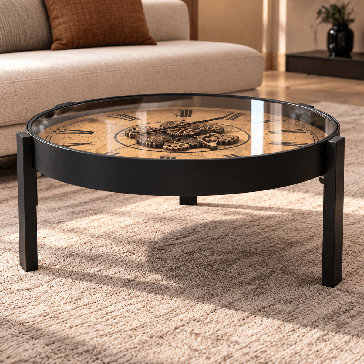 Mechanical Clock Coffee Table with Moving Gears – Metal - SHAGHAF HOME