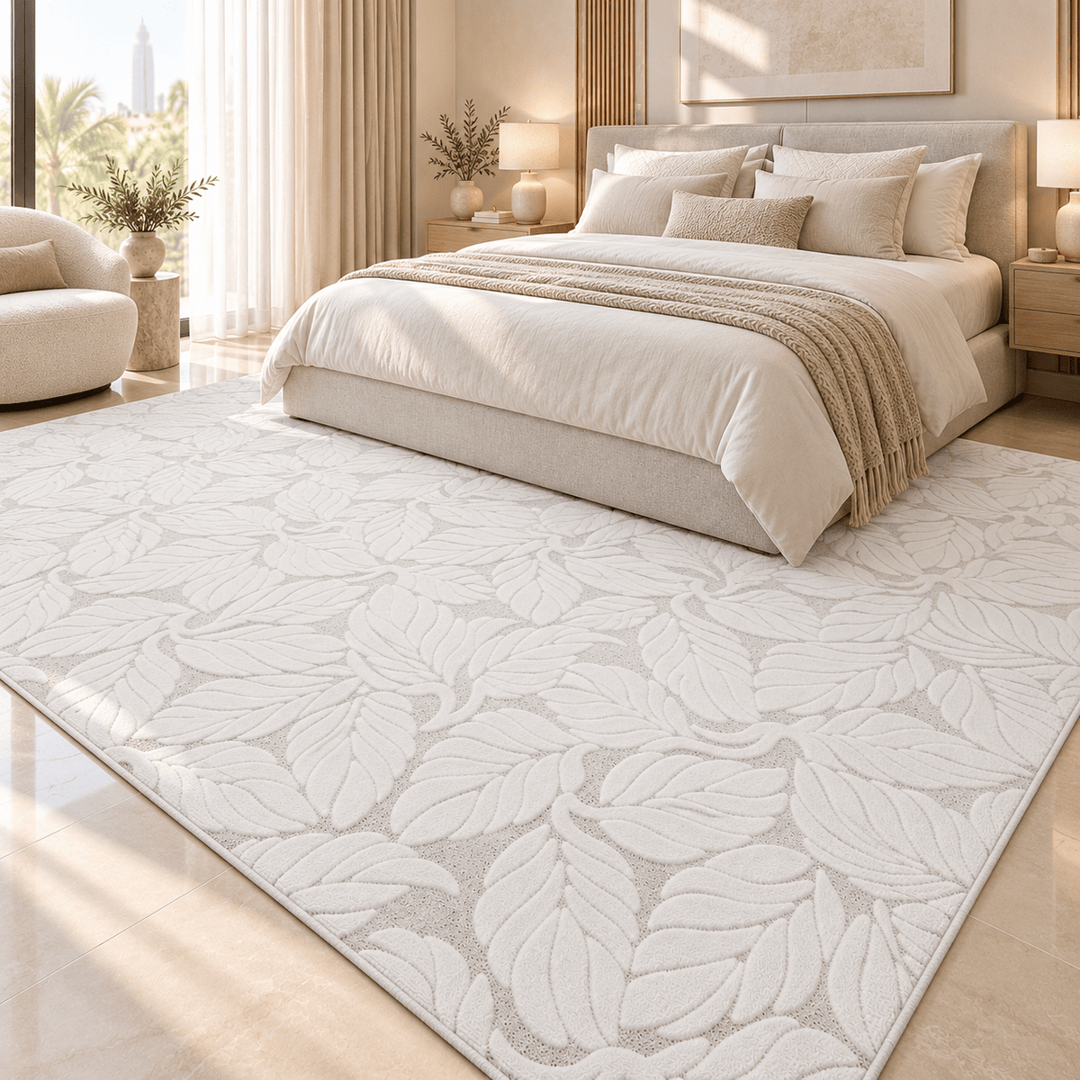 Modern 3D Leaf Pattern Carpet – White | 200 × 300 cm - SHAGHAF HOME