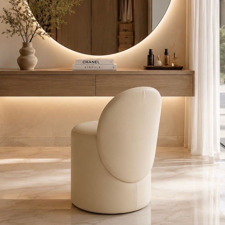 Modern Beige Artificial Leather Vanity Pouf Chair with Curved Backrest - SHAGHAF HOME