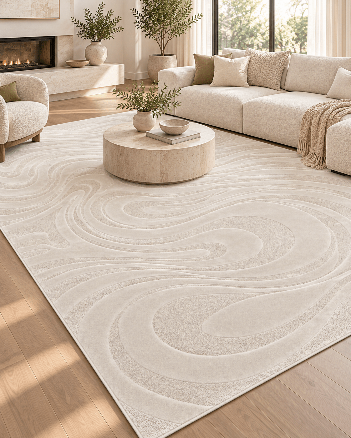 Modern Beige Swirl Rug – Large Textured Area Carpet - SHAGHAF HOME