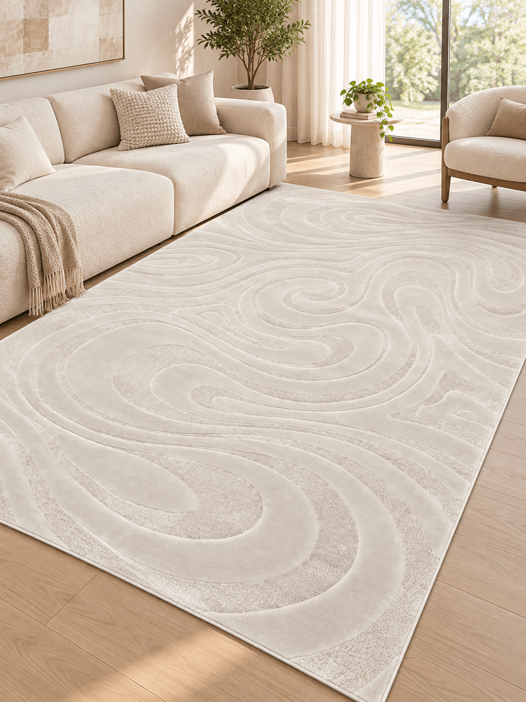 Modern Beige Swirl Rug – Large Textured Area Carpet - SHAGHAF HOME