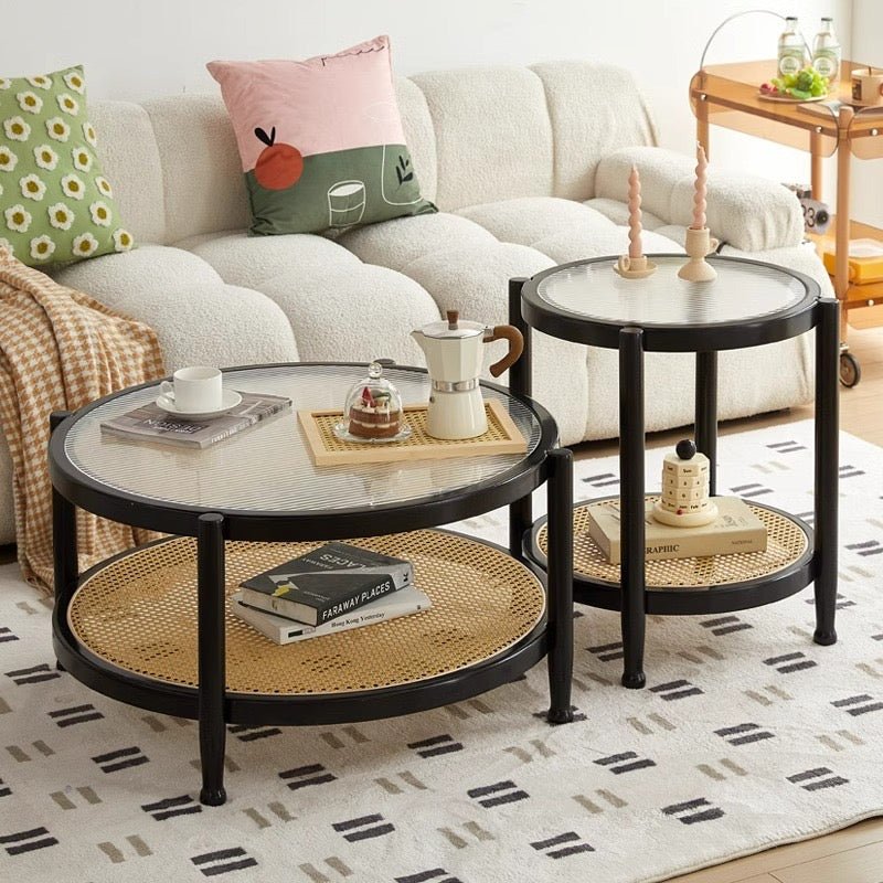 Modern Bohemian Natural Wood & Rattan Coffee Table Set - SHAGHAF HOME