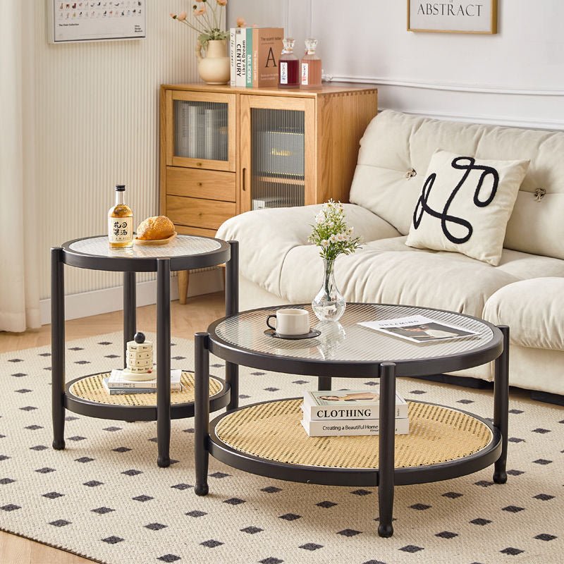 Modern Bohemian Natural Wood & Rattan Coffee Table Set - SHAGHAF HOME