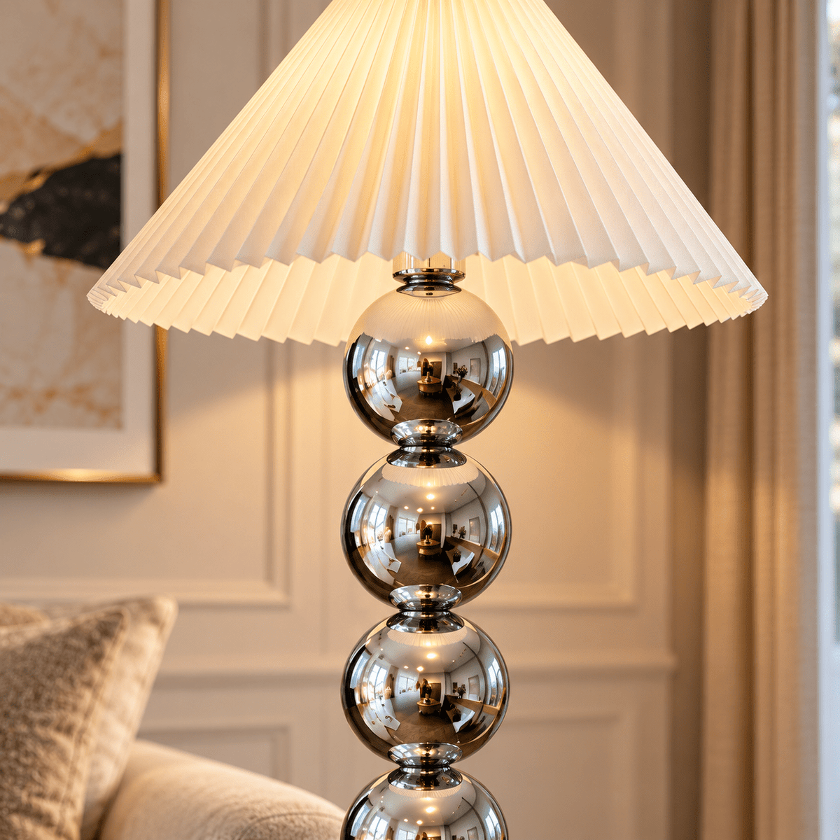 Modern Chrome Sphere Floor Lamp with Pleated Shade – Silver | 160 cm - SHAGHAF HOME