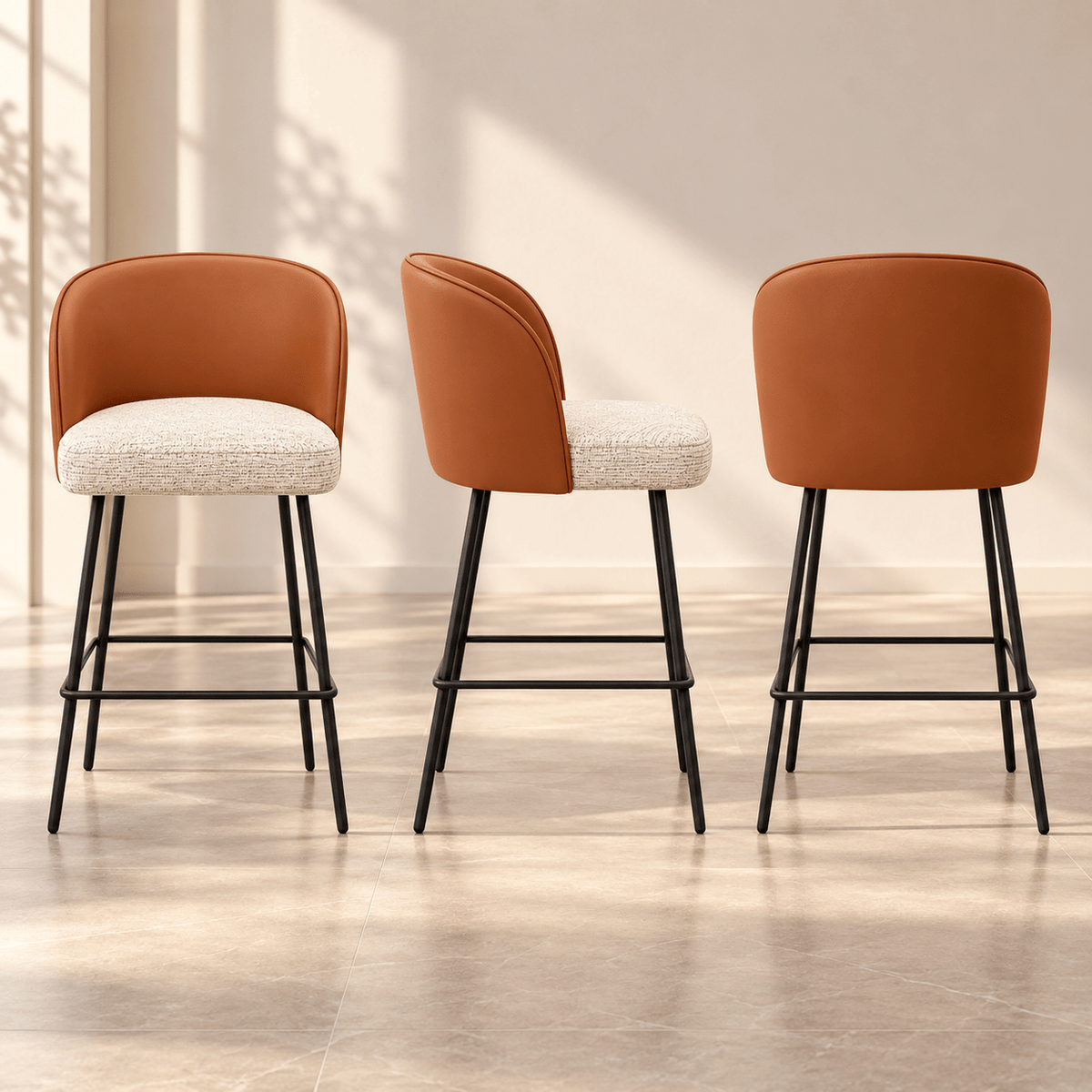 Modern Cognac Faux Leather & Beige Fabric Bar Stool - SHAGHAF HOME