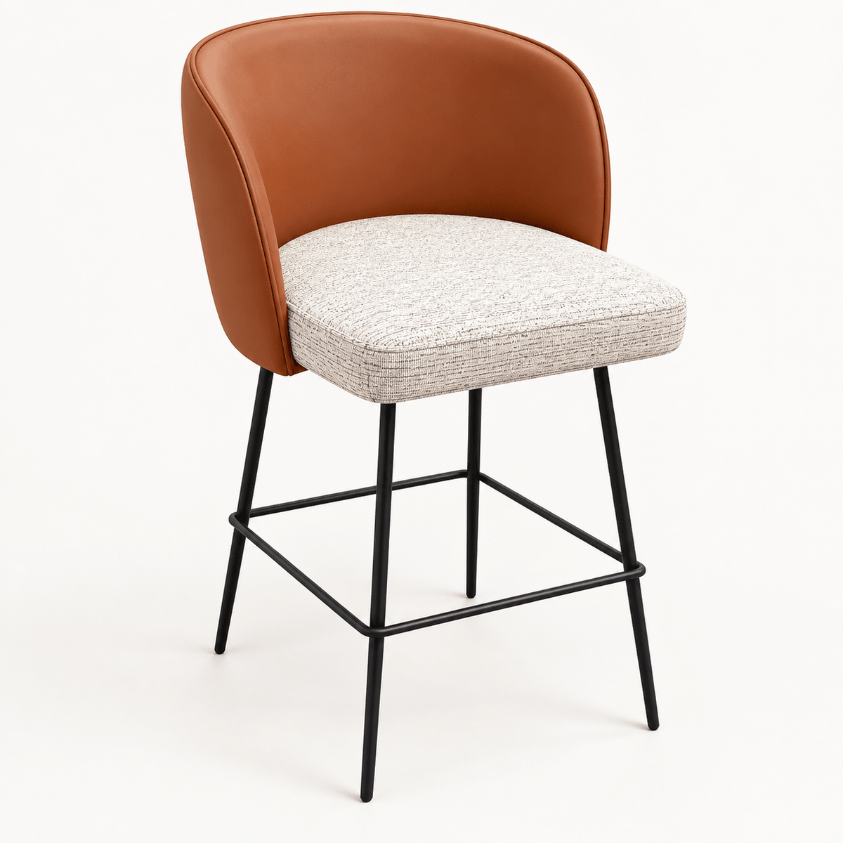 Modern Cognac Faux Leather & Beige Fabric Bar Stool - SHAGHAF HOME