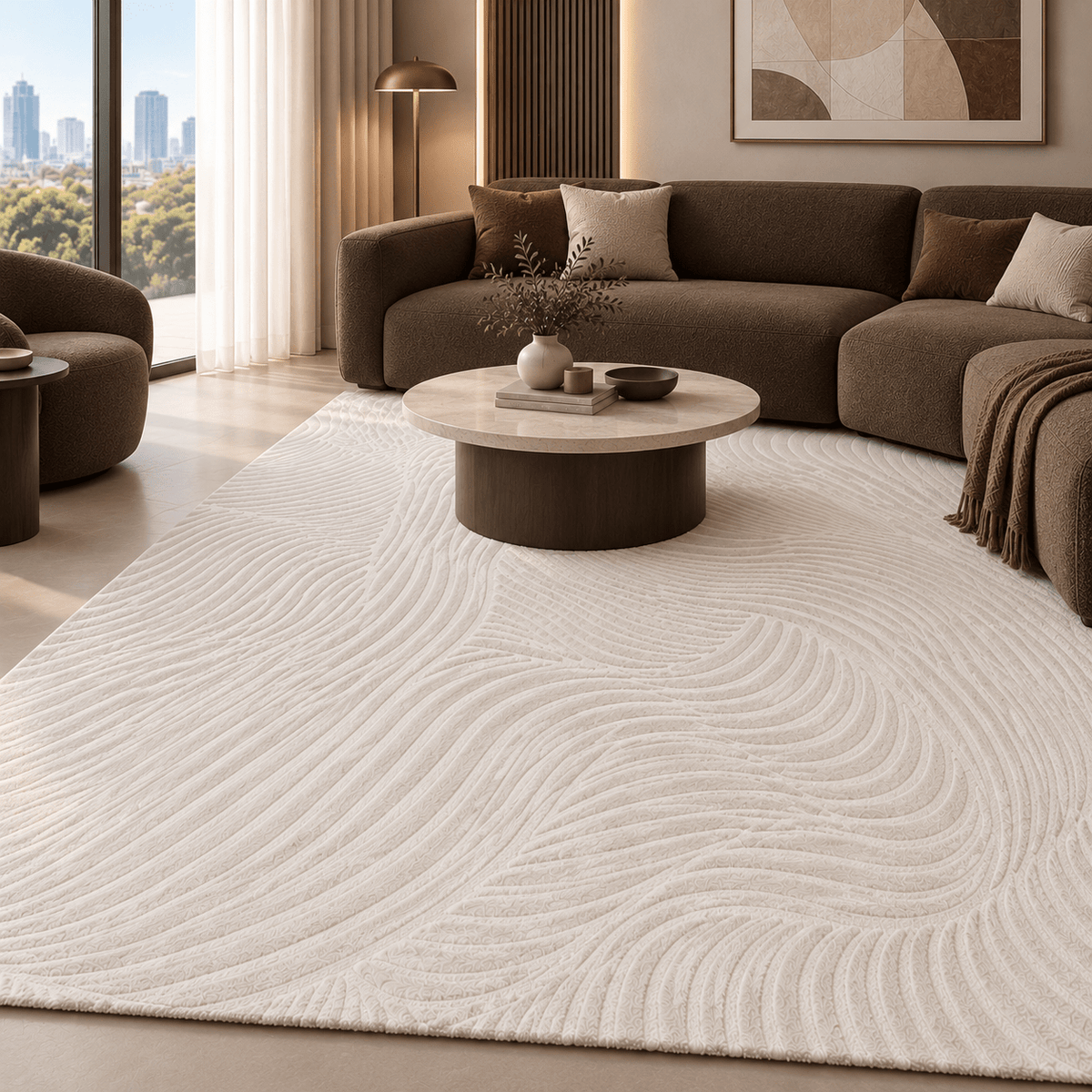 Modern Ivory Beige Wave Textured Rug 200×300 cm – Sculpted Abstract Carpet - SHAGHAF HOME