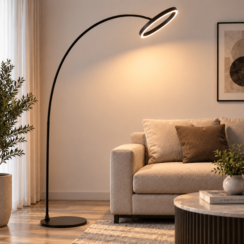 Modern LED Arc Floor Lamp – Black Ring Standing Lamp for Living Room & Bedroom - SHAGHAF HOME