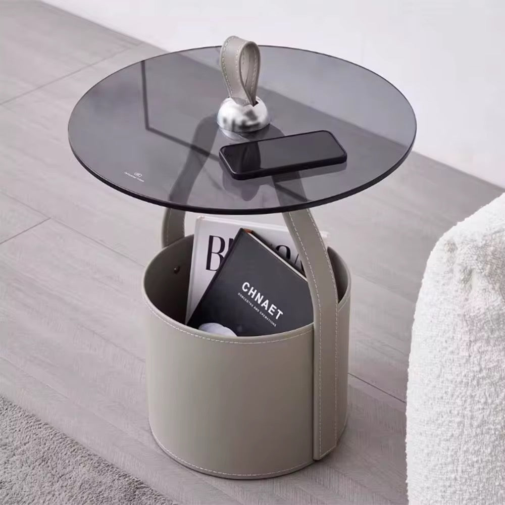 Modern Minimalist Side Table with Storage – Artificial Leather & Tempered Glass - SHAGHAF HOME