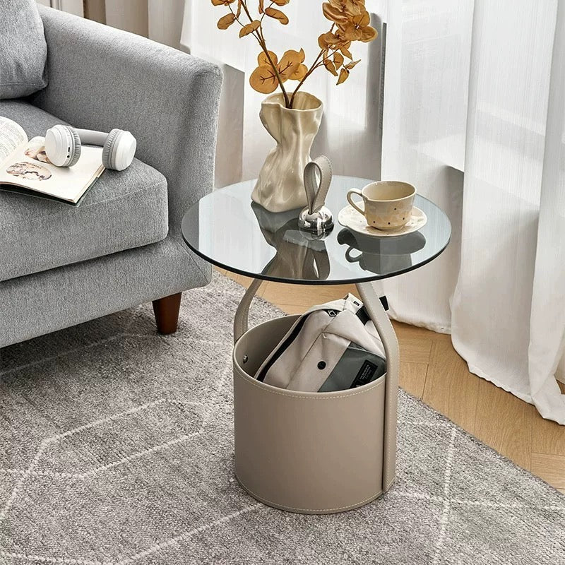 Modern Minimalist Side Table with Storage – Artificial Leather & Tempered Glass - SHAGHAF HOME