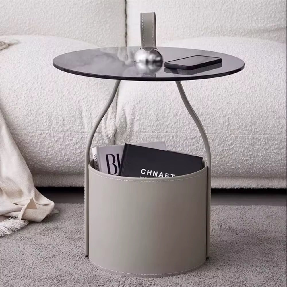 Modern Minimalist Side Table with Storage – Artificial Leather & Tempered Glass - SHAGHAF HOME