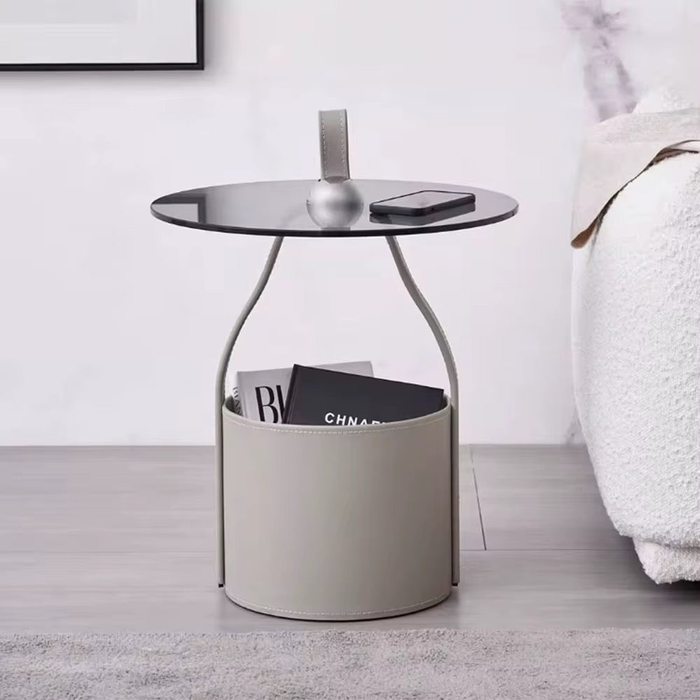 Modern Minimalist Side Table with Storage – Artificial Leather & Tempered Glass - SHAGHAF HOME